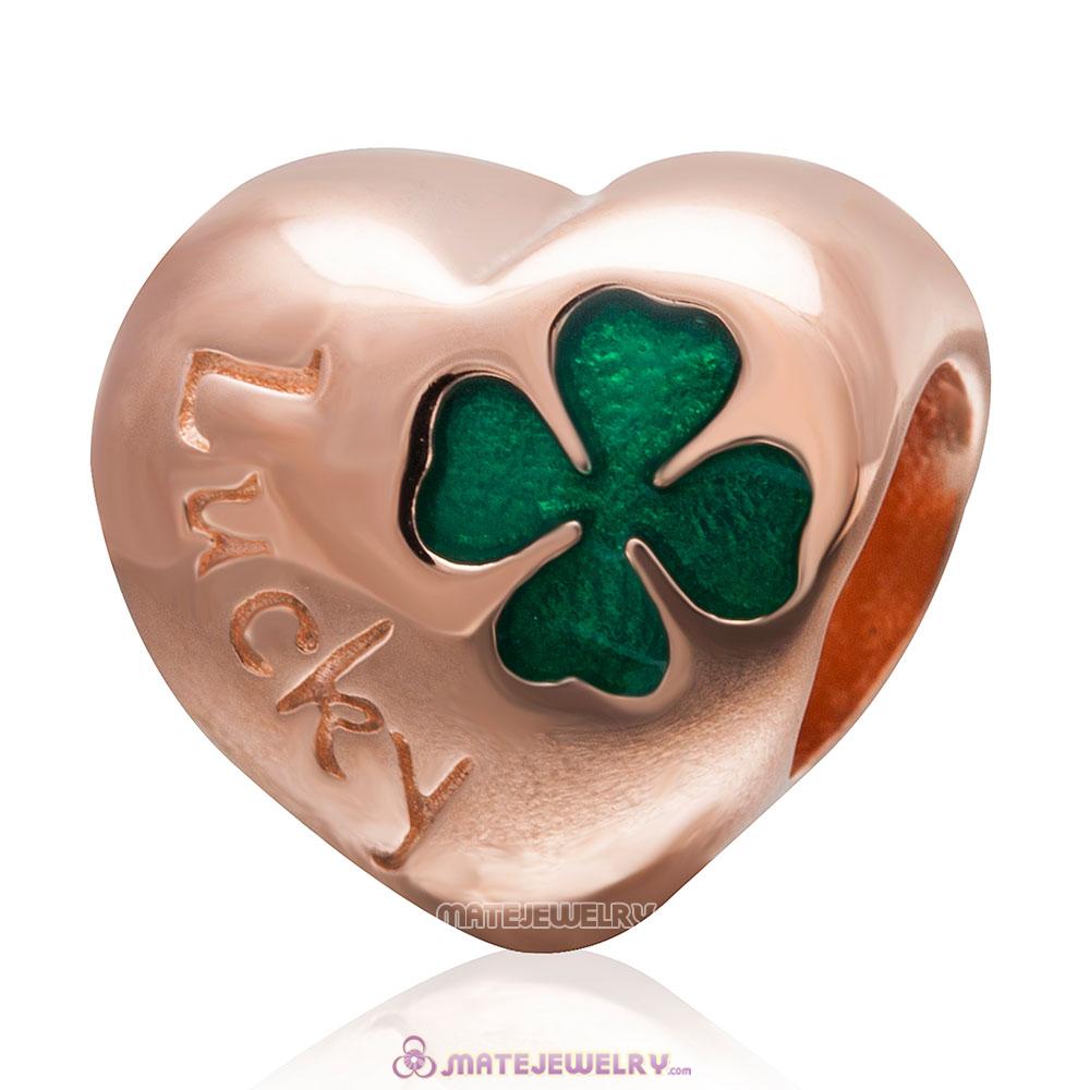 925 Sterling Silver Green Lucky Clover Rose Gold Heart Bead