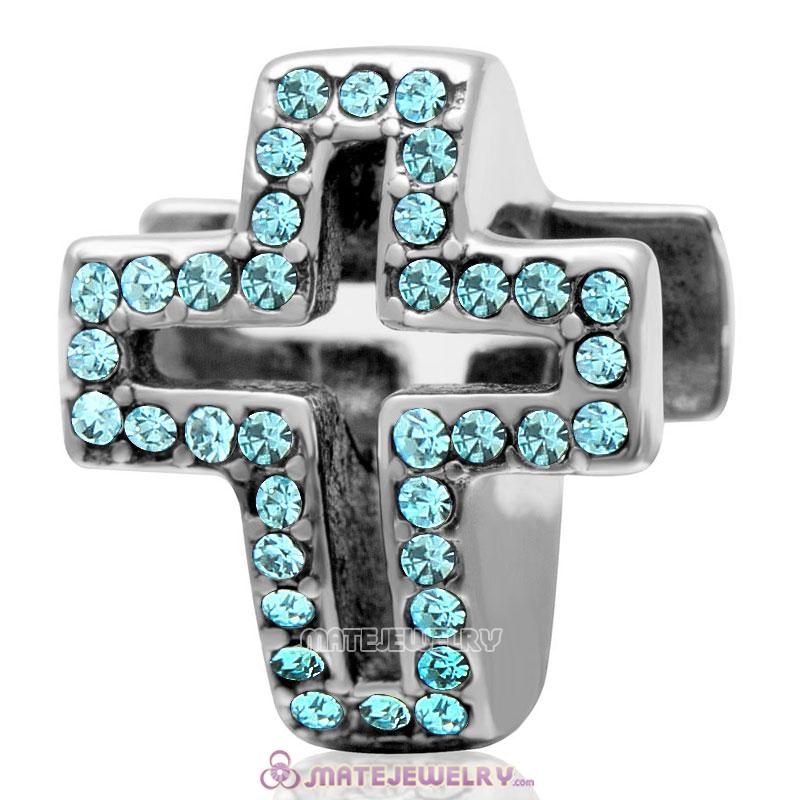 Spackly Christian Cross Charm 925 Sterling Silver with Aquamarine Crystal 