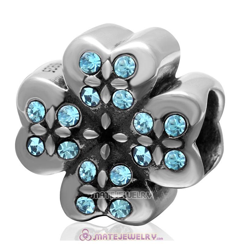 925 Sterling Silver Aquamarine Crystal Lucky Four Leaf Clover Charm Bead