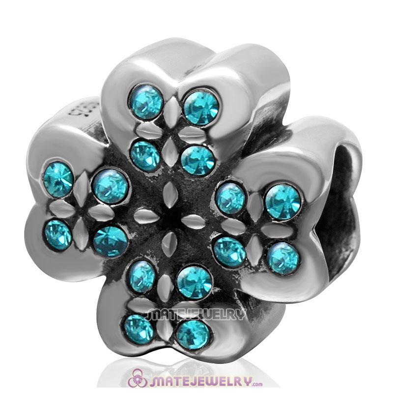 925 Sterling Silver Blue Zircon Crystal Lucky Four Leaf Clover Charm Bead