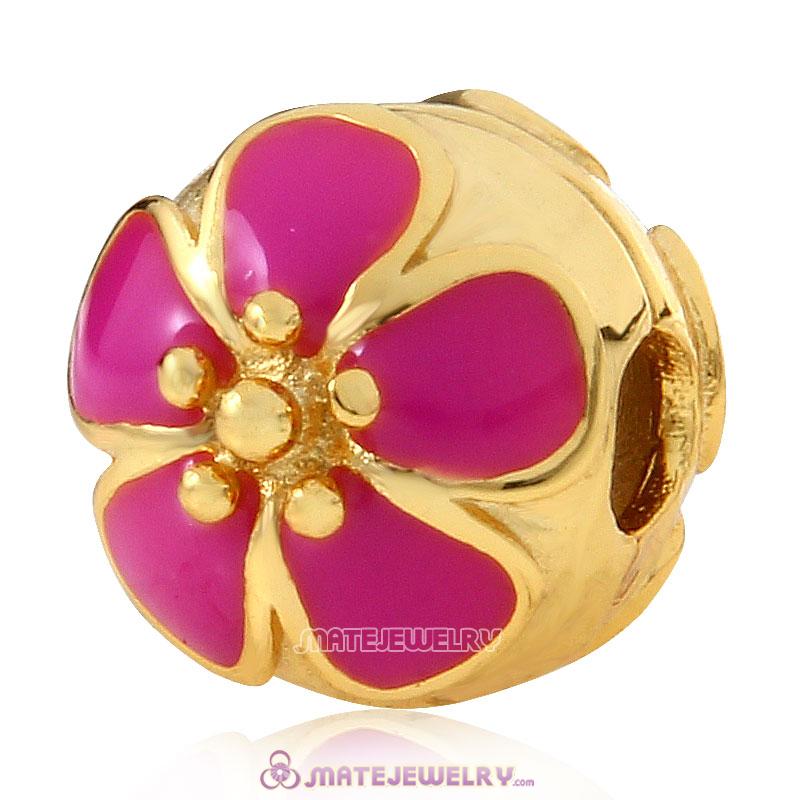 Gold Plated Sterling Silver Cherry Blossom Rose Enamel Clip Beads 