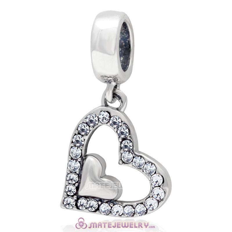 925 Sterling Silver Clear Crystal Heart in Heart Pendant Charm