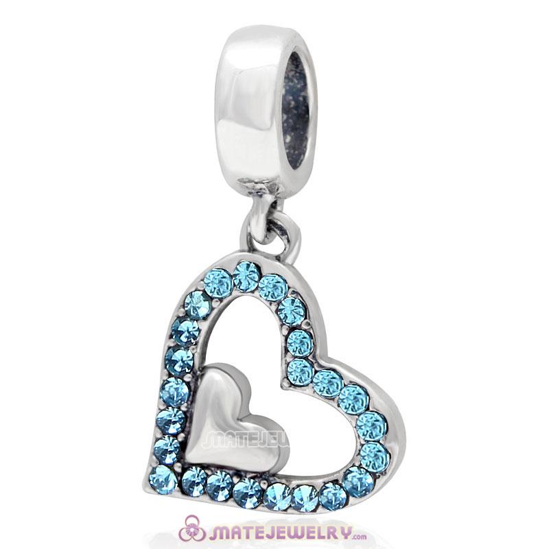 925 Sterling Silver Aquamarine Crystal Heart in Heart Pendant Charm