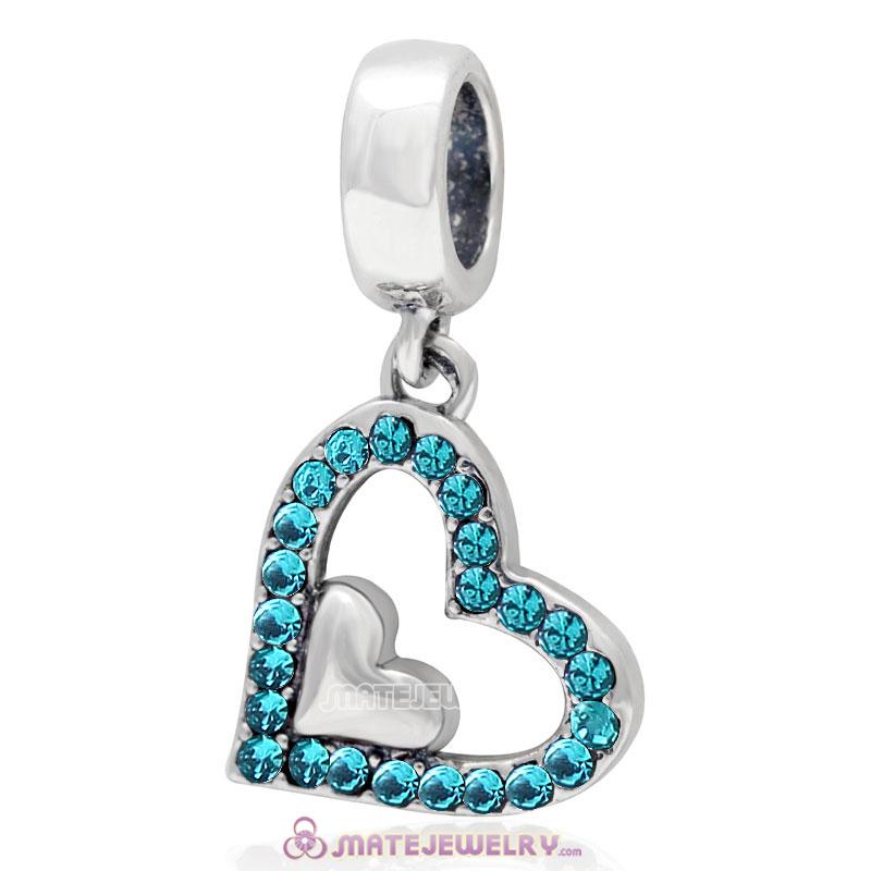 925 Sterling Silver Blue Zircon Crystal Heart in Heart Pendant Charm