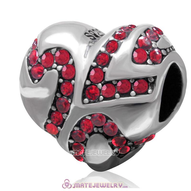 European Style Sterling Silver Valentines Heart Bead with Lt Siam Crystal 
