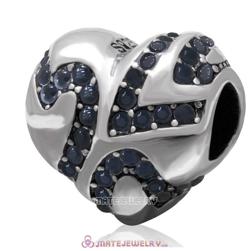European Style Sterling Silver Valentines Heart Bead with Jet Crystal 