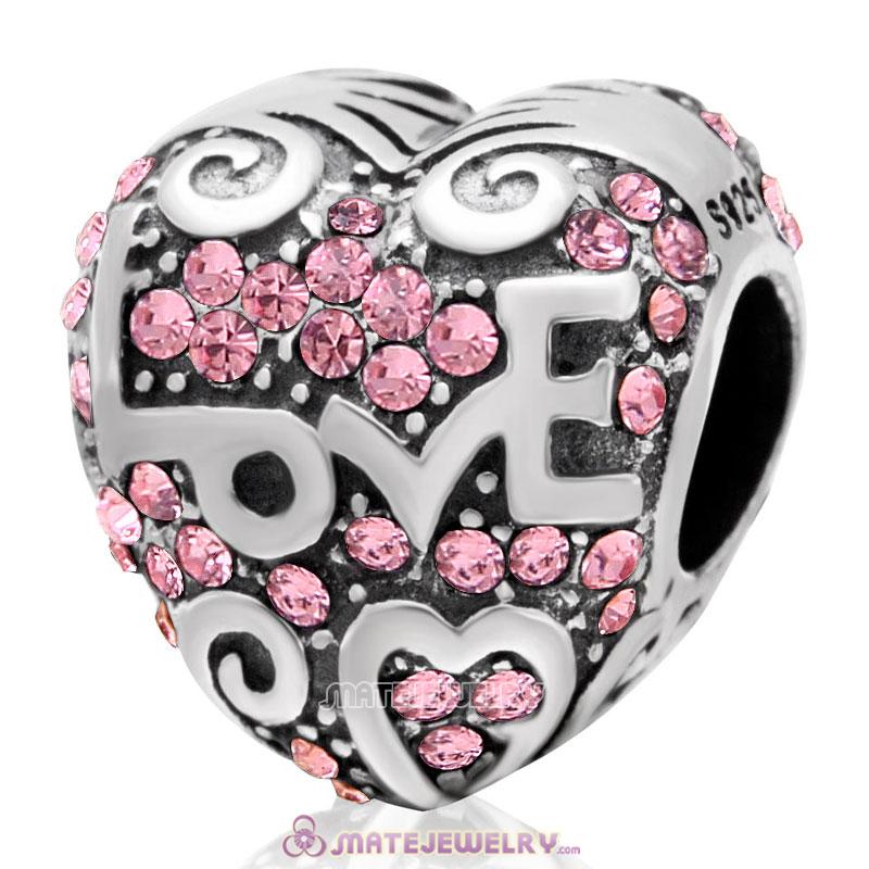 925 Sterling Silver Heart with Love Charm Lt Rose Australian Crystal Bead 