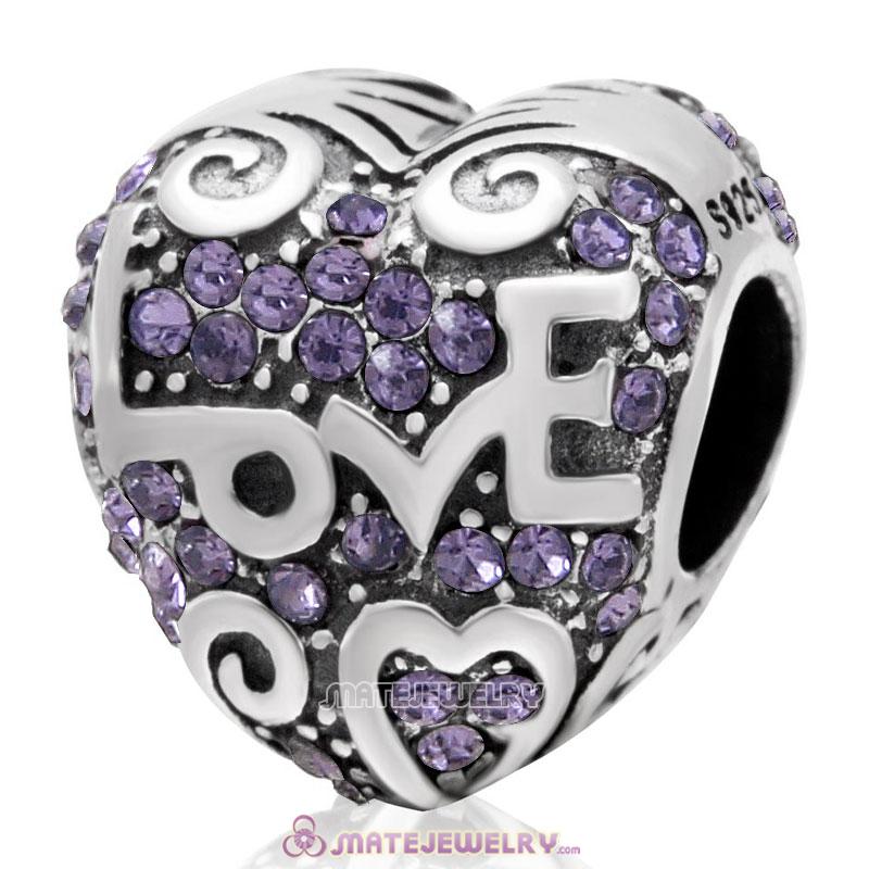 925 Sterling Silver Heart with Love Charm Tanzanite Australian Crystal Bead 