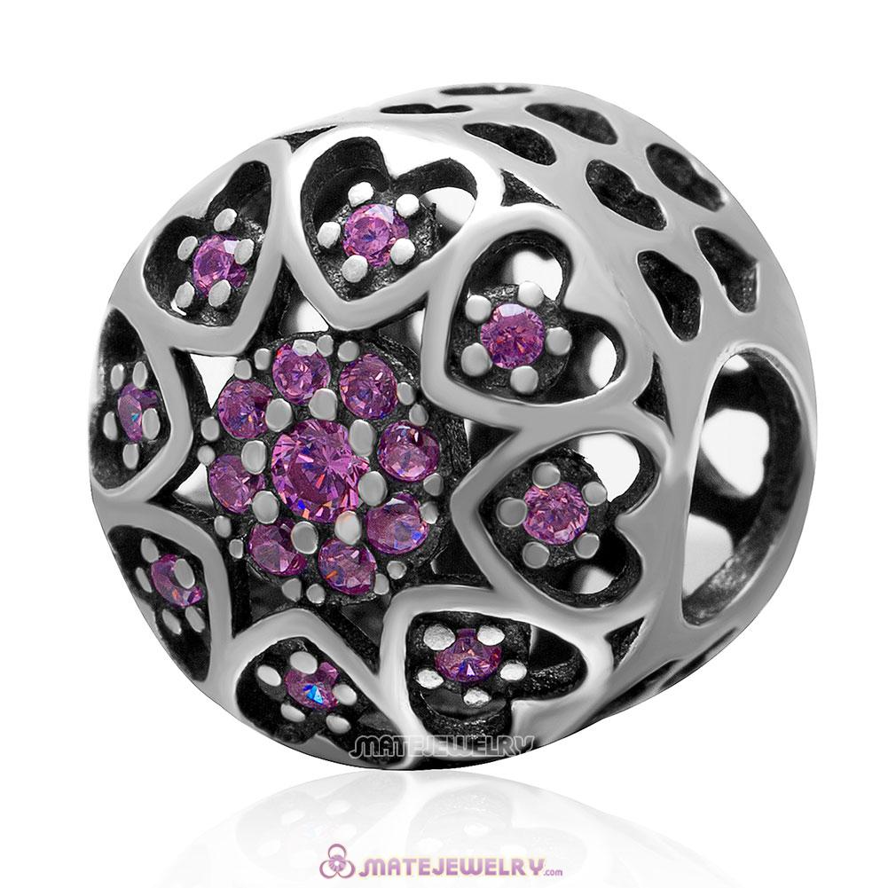 Openwork Love Heart Charm 925 Sterling Silver Bead with Pink Cz