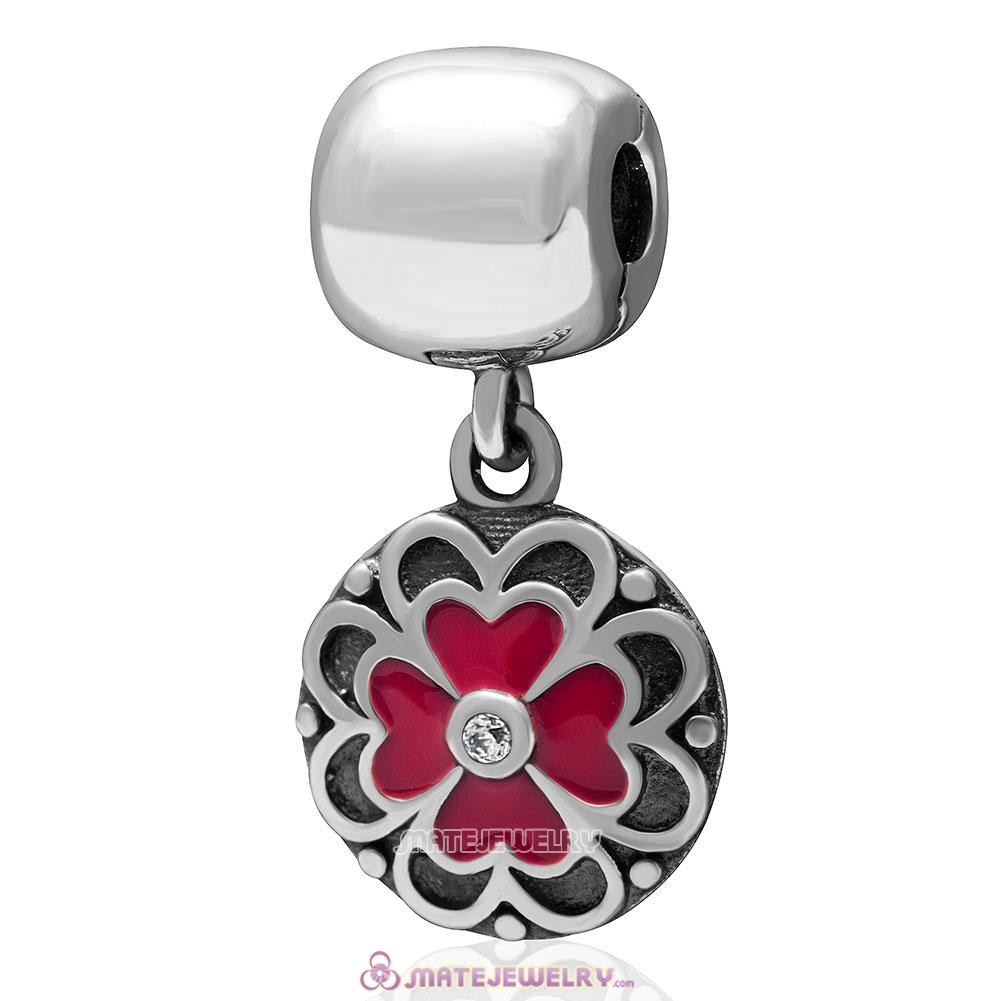 Red Clover Clear Cz Charm 925 Sterling Silver Dangle Clip Bead 