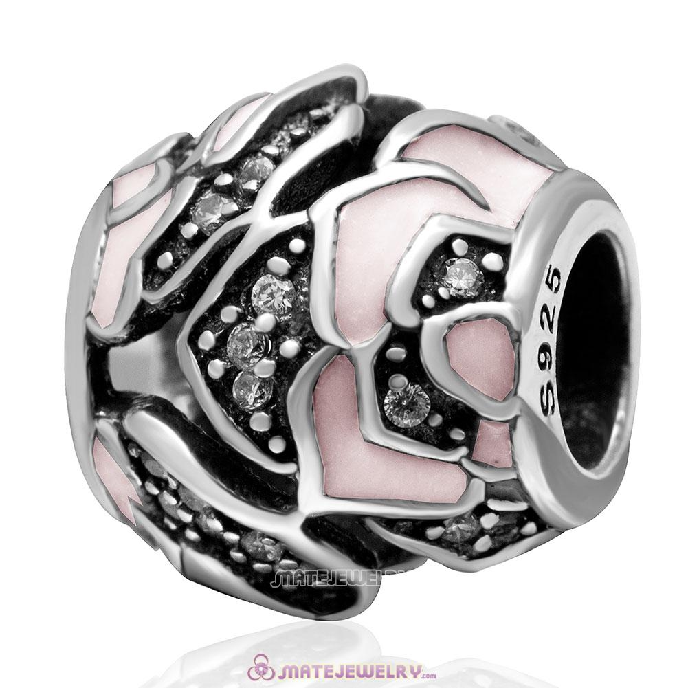 Delicate Pink Rose Charm 925 Sterling Silver with Clear CZ Bead 