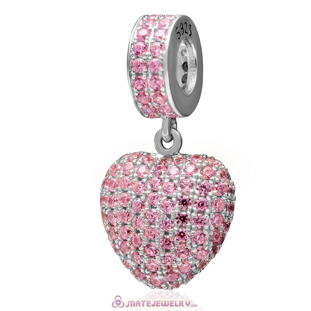 Pave Pink Cz Charm Love Heart Dangle 925 Sterling Silver Bead