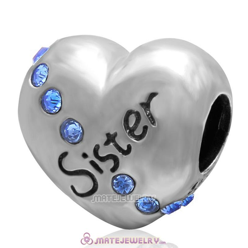Sapphire Crystal Sister 925 Sterling Silver Love Heart Bead