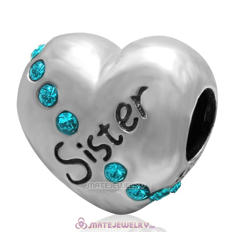 Blue Zircon Crystal Sister 925 Sterling Silver Love Heart Bead