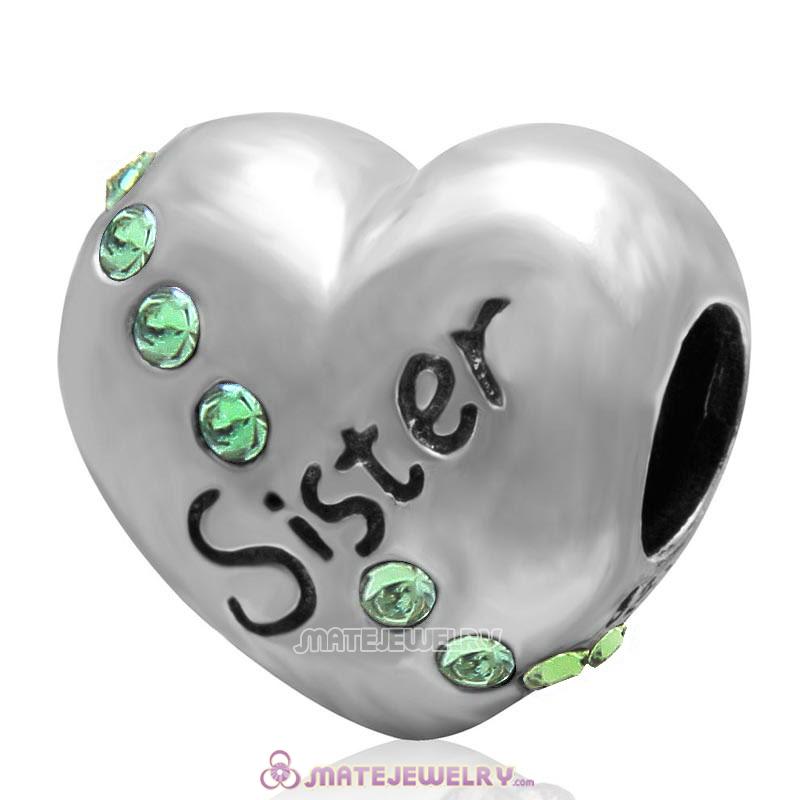 Peridot Crystal Sister 925 Sterling Silver Love Heart Bead