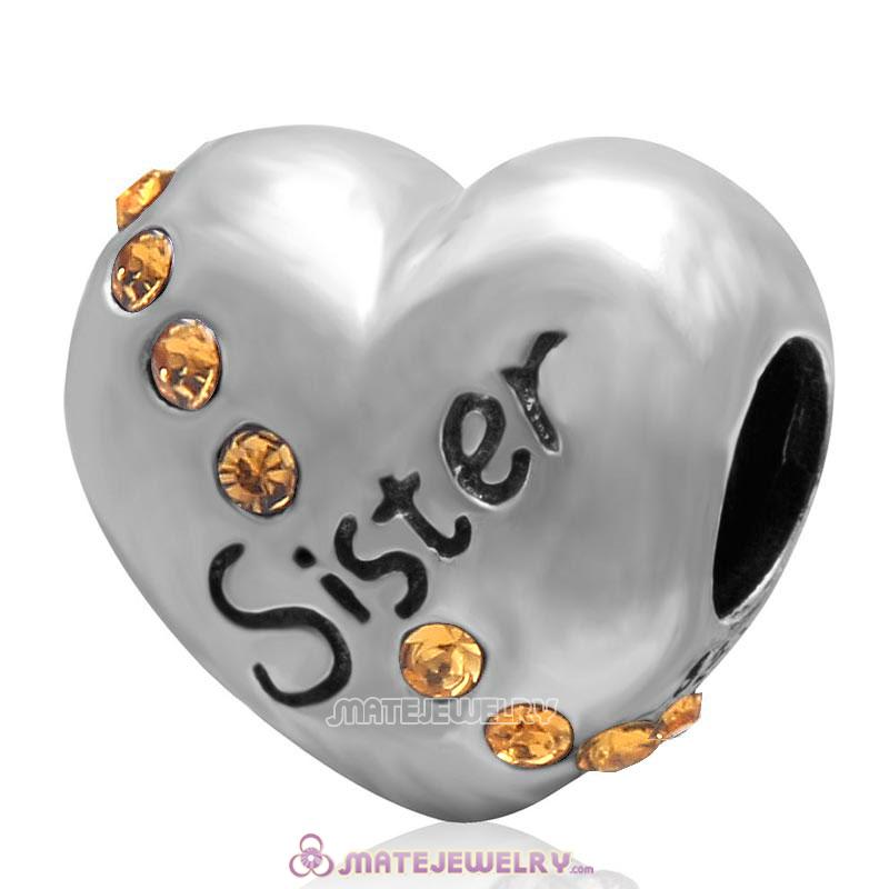 Topaz Crystal Sister 925 Sterling Silver Love Heart Bead