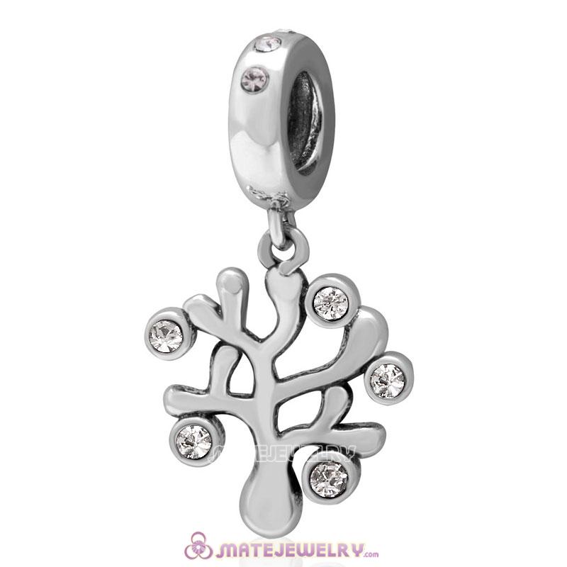 Family Tree Dangle 925 Sterling Silver with Clear Austrian Crystals Charm 