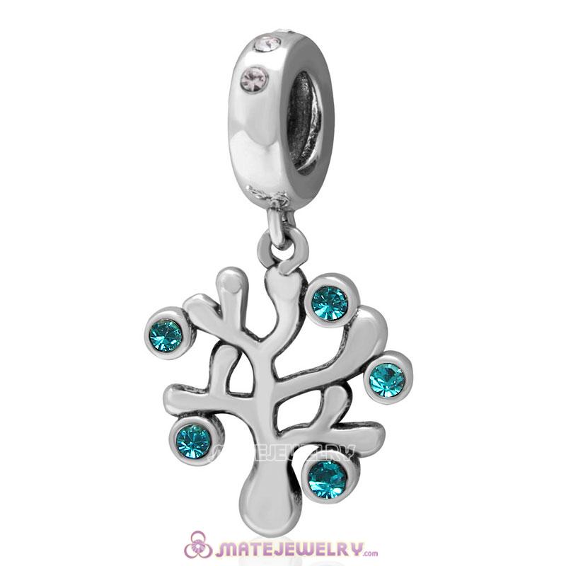 Family Tree Dangle 925 Sterling Silver with Blue Zircon Austrian Crystals Charm 
