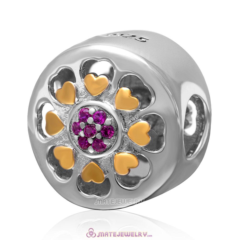 Gold Plated Love Charm 925 Sterling Silver with Fuchsia Stone Bead
