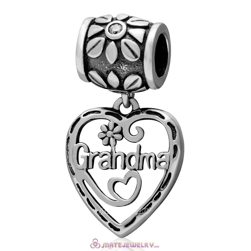 Love Grandma Pendant Charm 925 Sterling Silver with Clear Stone