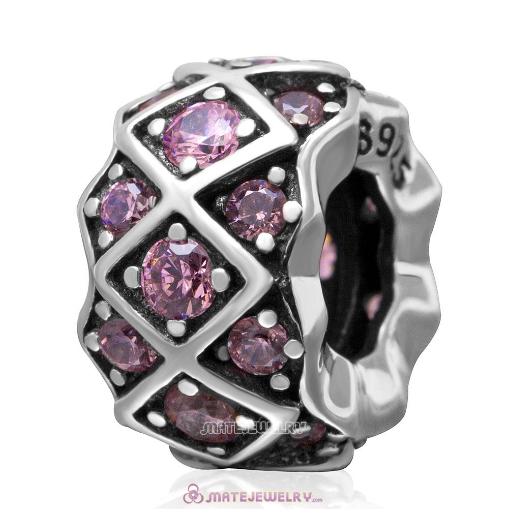 925 Sterling Silver Grid with Pink Stone Charm Bead