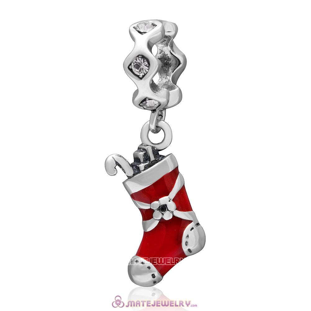 Christmas Stocking Charm 925 Sterling Silver Red Enamel Dangle Bead with Clear Crystal