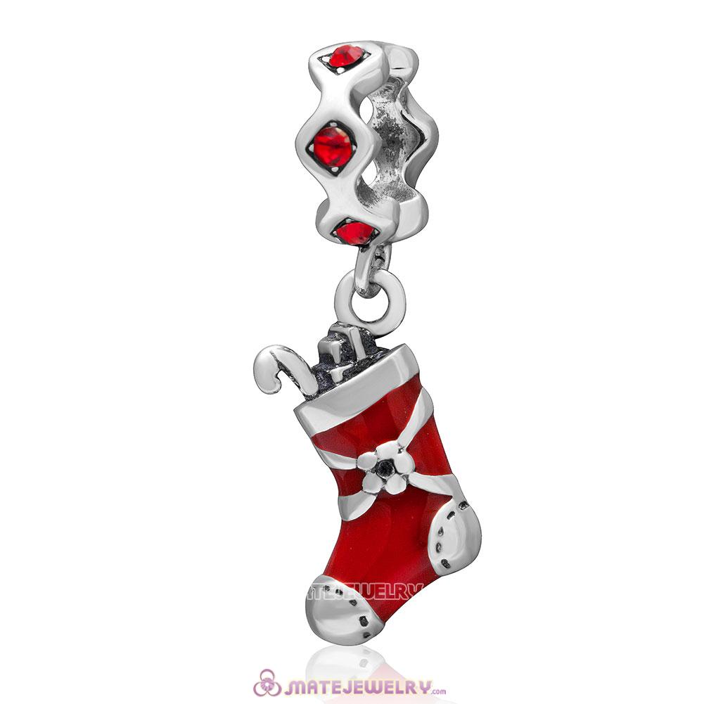Christmas Stocking Charm 925 Sterling Silver Red Enamel Dangle Bead with Lt Siam Crystal