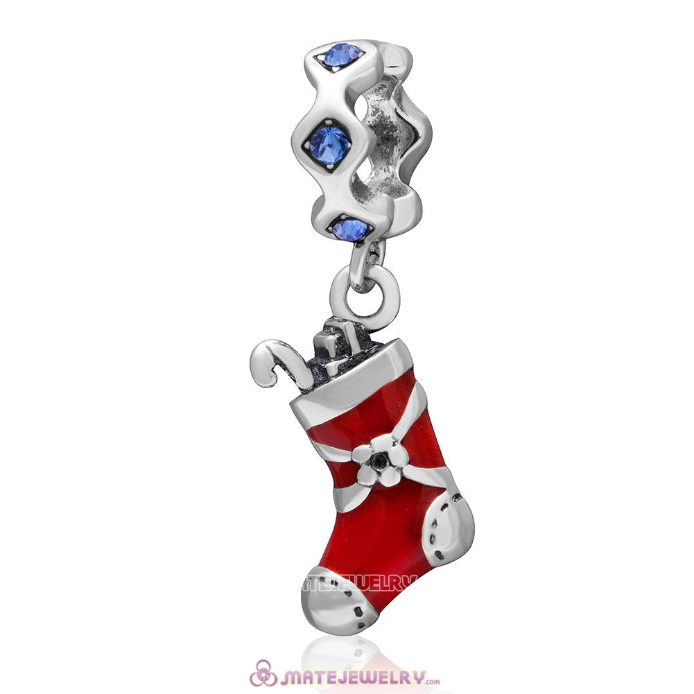 Christmas Stocking Charm 925 Sterling Silver Red Enamel Dangle Bead with Sapphire Crystal