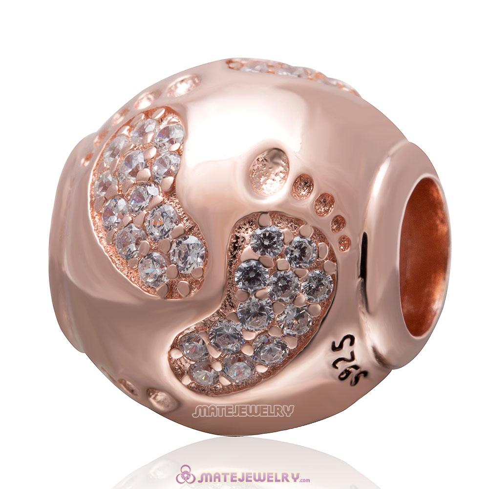 Rose Gold Baby Footprint Charm 925 Sterling Silver Clear Stone Bead