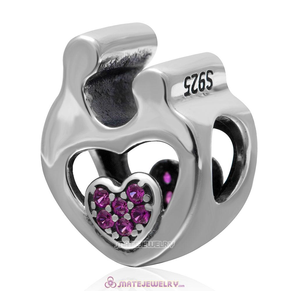 Mother Child Love Charm 925 Sterling Silver Fuchsia Stone Bead