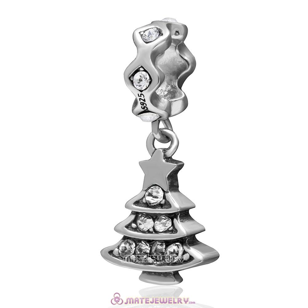 Christmas Tree Charm 925 Sterling Silver Dangle Bead with Clear Crystal