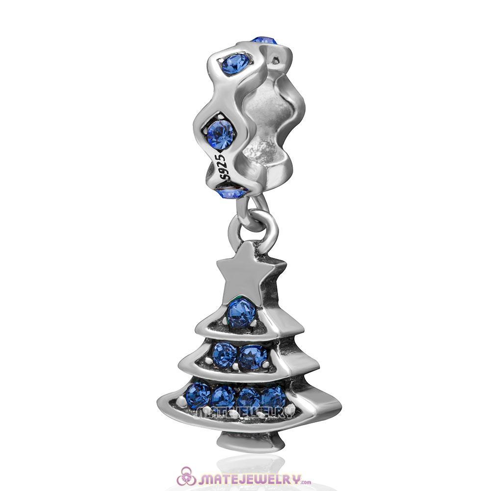Christmas Tree Charm 925 Sterling Silver Dangle Bead with Sapphire Crystal