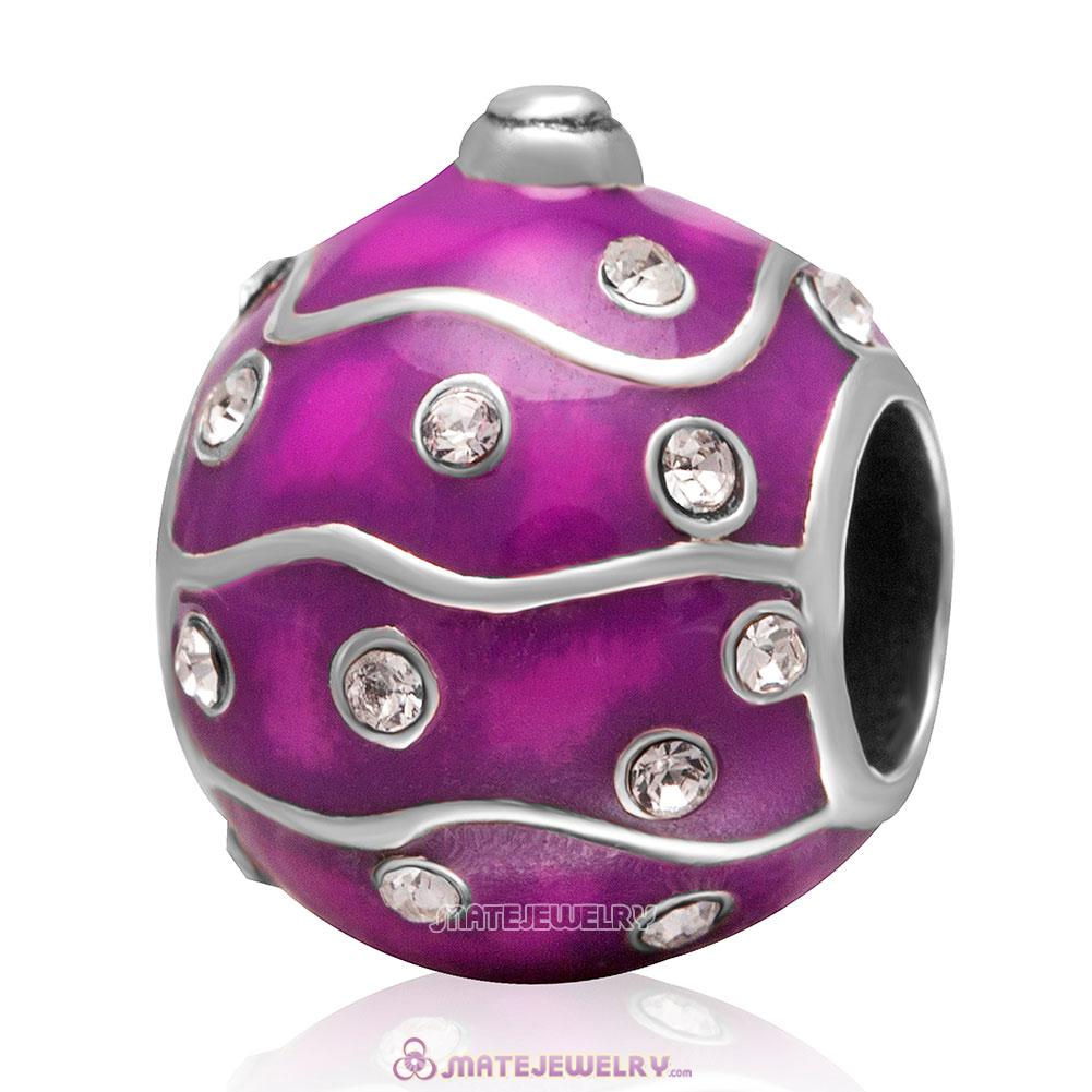 Christmas Ball Charm 925 Sterling Silver Enamel Bead with Clear Crystal