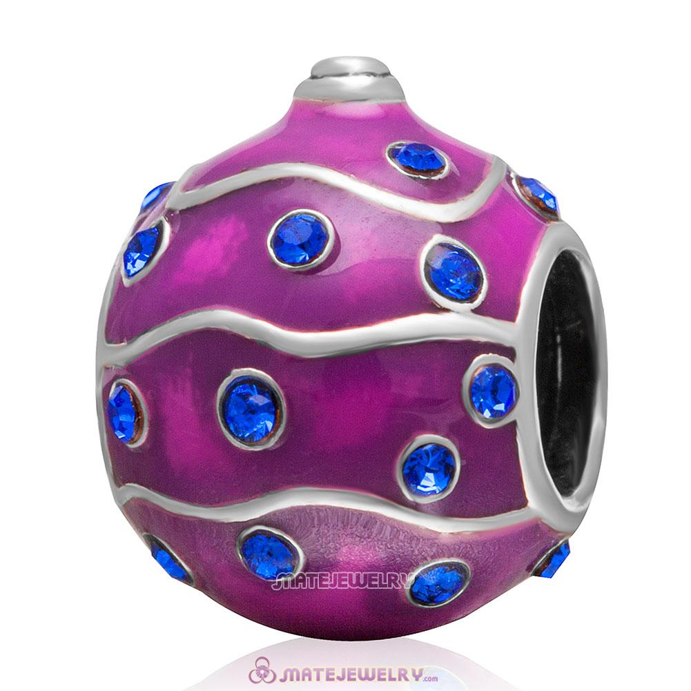 Christmas Ball Charm 925 Sterling Silver Enamel Bead with Sapphire Crystal