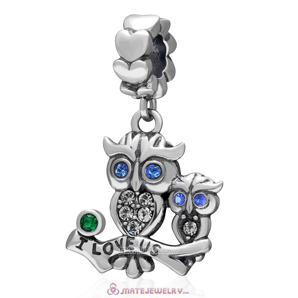 I Love Us Owl Charm 925 Sterling Silver Dangle Bead with Sapphire Crystal