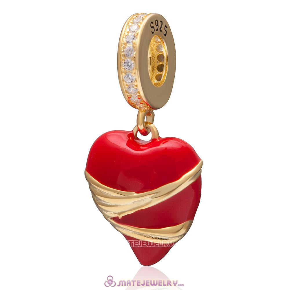 Red Enamel Heart Charm 925 Sterling Silver Gold Plated Bead