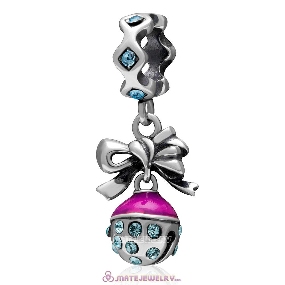Christmas Bell Charm 925 Sterling Silver Dangle Bead with Aquamarine Crystal