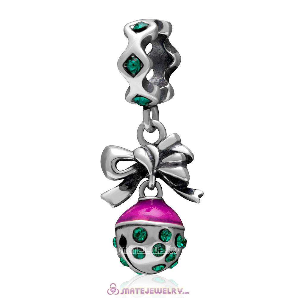 Christmas Bell Charm 925 Sterling Silver Dangle Bead with Emerald Crystal