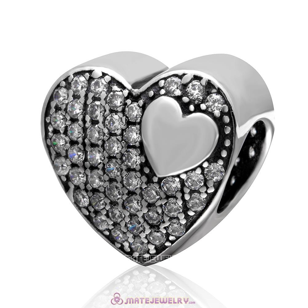 Love Heart Charm 925 Sterling Silver Bead with Clear Stone 