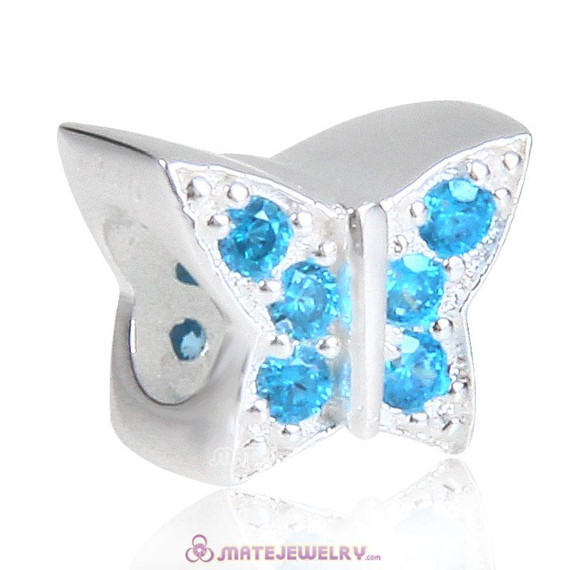 S925 Sterling Silver Butterfly Bead with Blue CZ stone