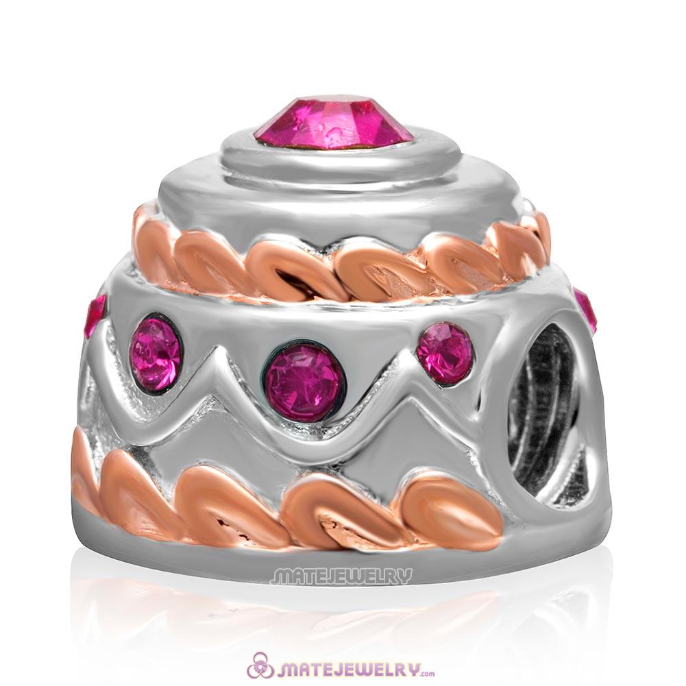 Rose Gold Birthday Cake Charm 925 Sterling Silver Bead with Fuchsia Crystal