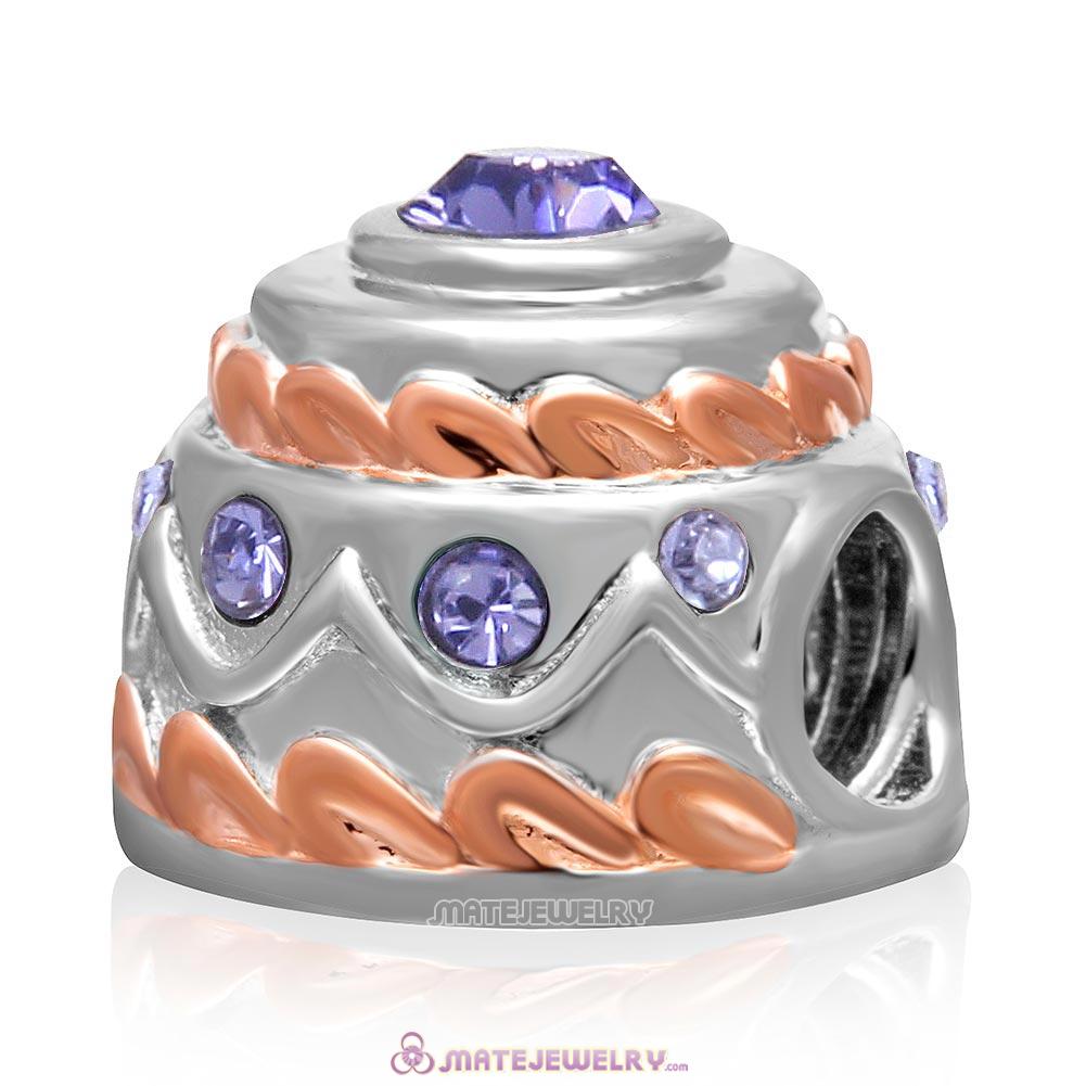 Rose Gold Birthday Cake Charm 925 Sterling Silver Bead with Tanzanite Crystal