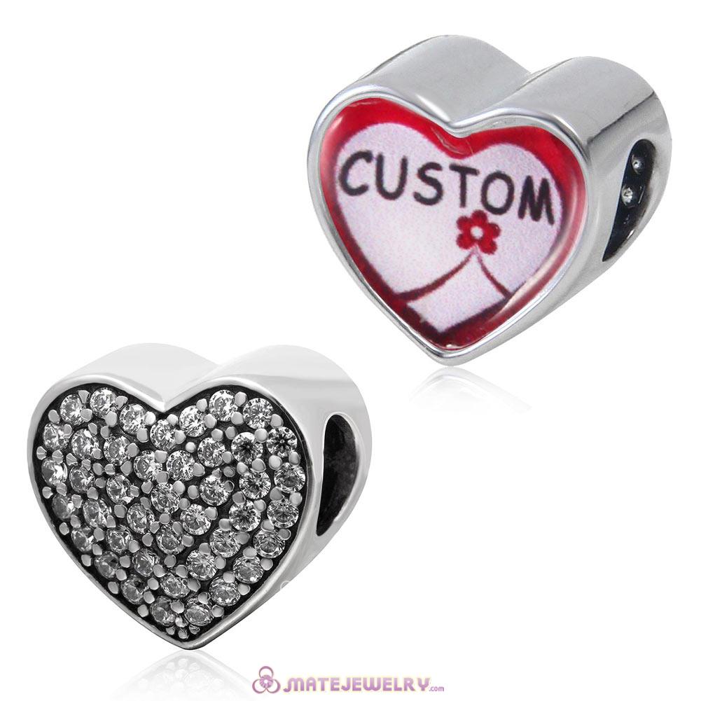 Clear CZ Pave Sterling Silver Love Heart Custom Beads with DIY Photo European Style