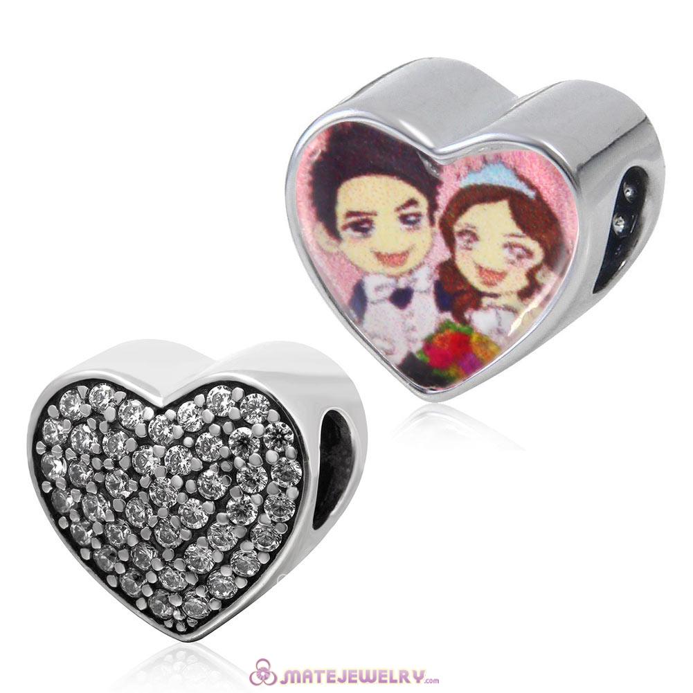 Clear CZ Pave Sterling Silver Love Heart Beads with DIY Love Bride and Groom Photo 