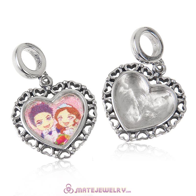 Sterling Silver Love Heart Dangle Beads with DIY Love Bride and Groom Photo European Style