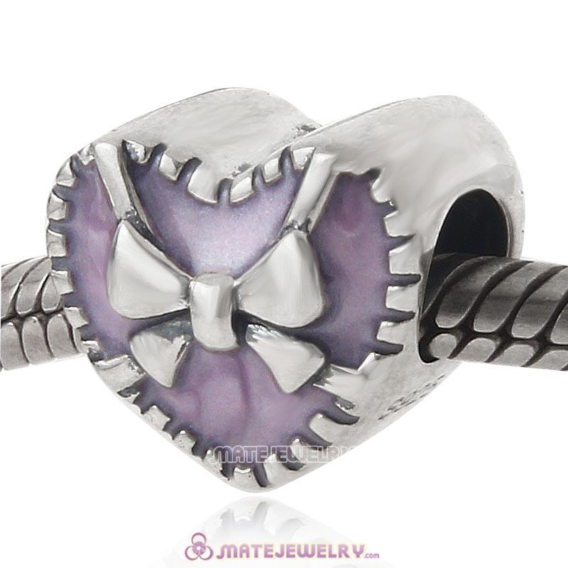 925 Sterling Silver Ribbon Heart Purple Charm Bead