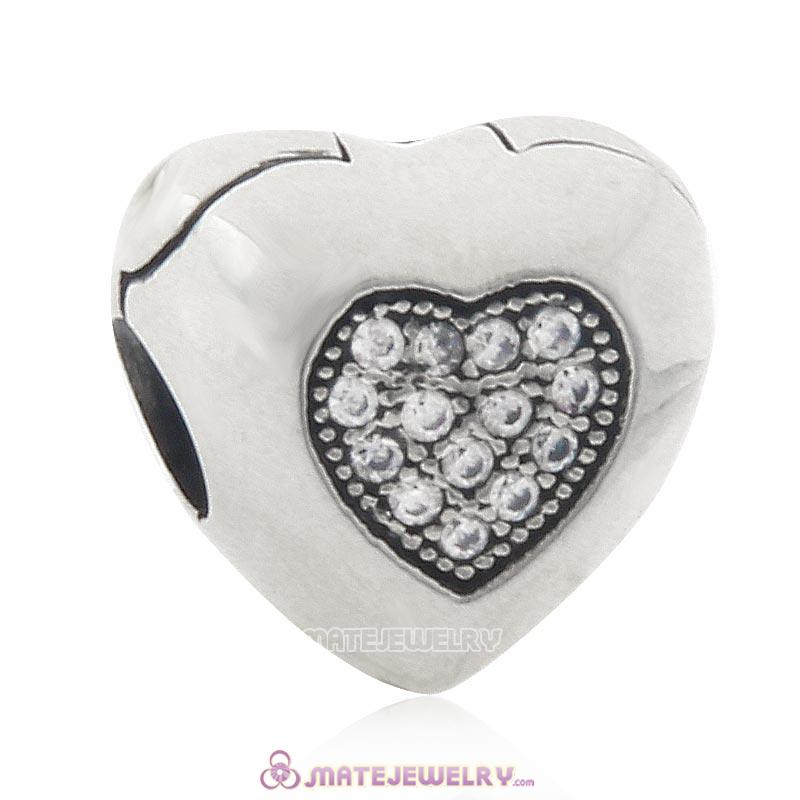 925 Sterling Silver Heart Clip Charm Bead Clear CZ 