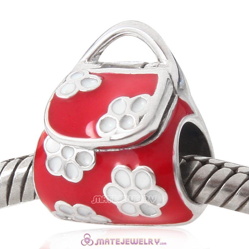 925 Sterling Silver Red Handbag Charm Bead with Flower
