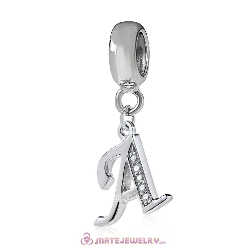 Sterling Silver Dangle Alphabet A Beads with White CZ Stone