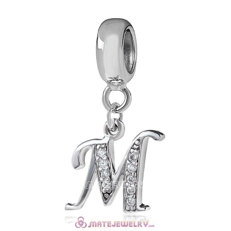 Sterling Silver Dangle Alphabet M Beads with White CZ Stone